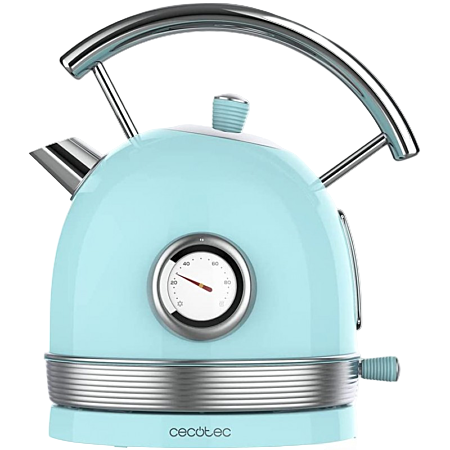 Light blue electric kettle with metallic accents on a white background