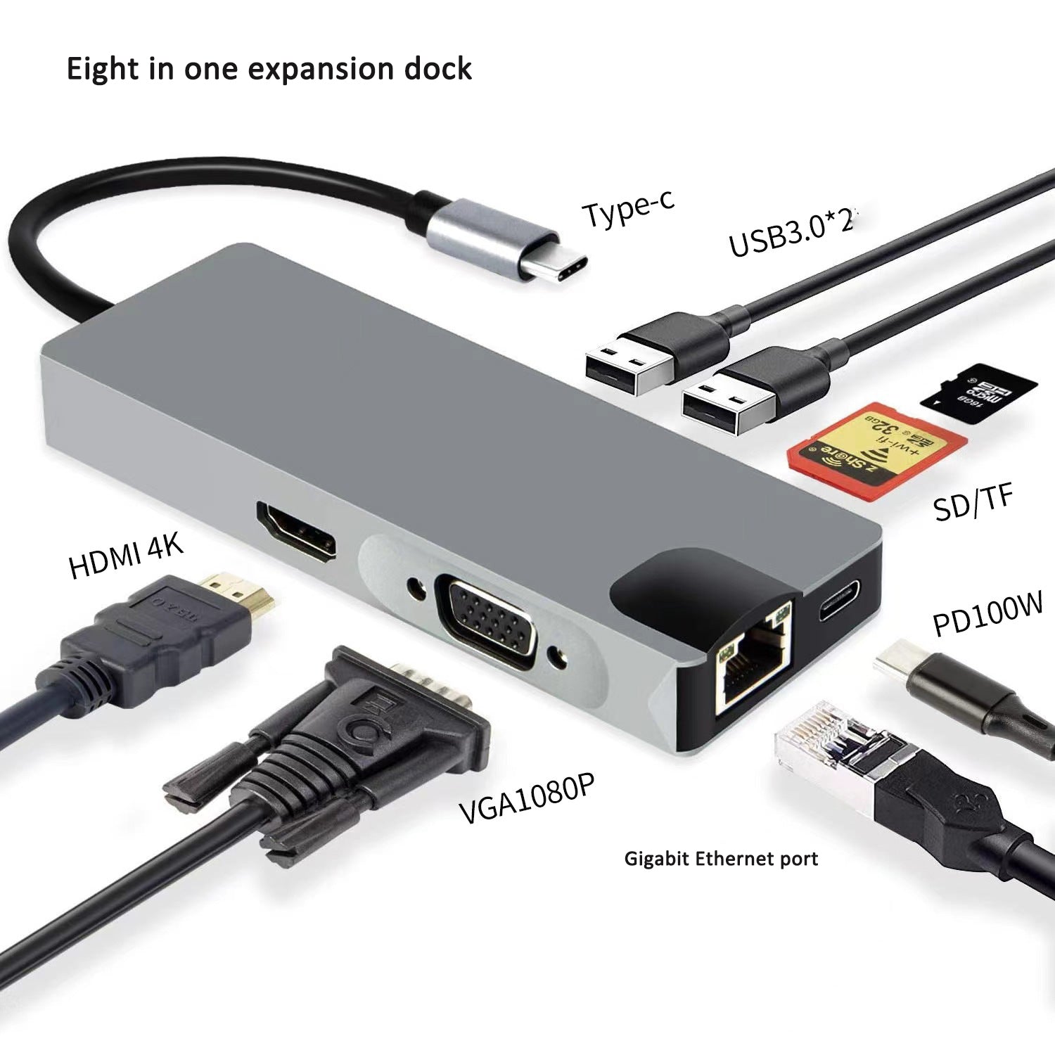 Type-C Hub with HDMI Cable for High-Definition Display, USB 3.0 Multi-Port Adapter for Computers