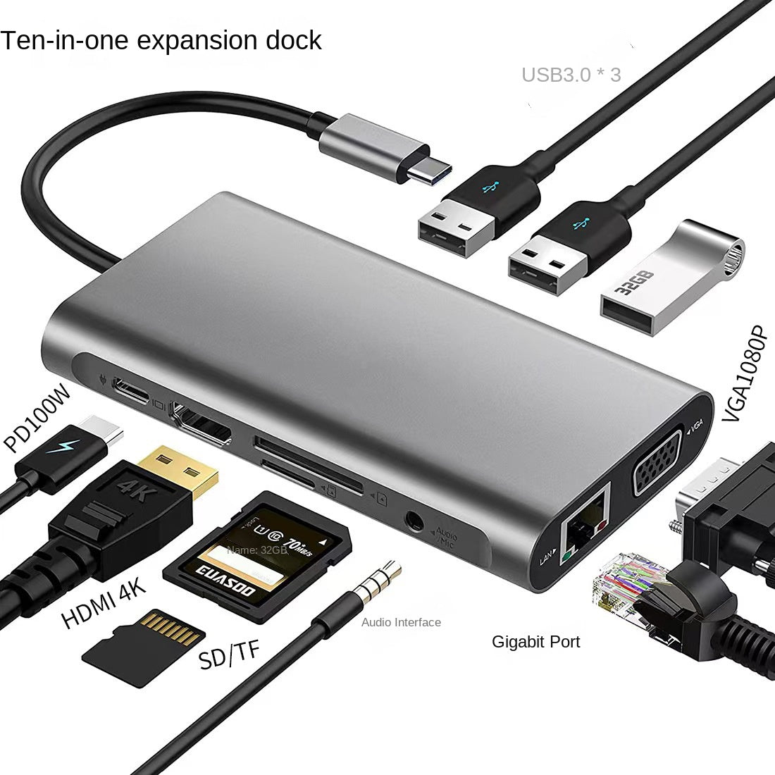 Type-C Hub with HDMI Cable for High-Definition Display, USB 3.0 Multi-Port Adapter for Computers